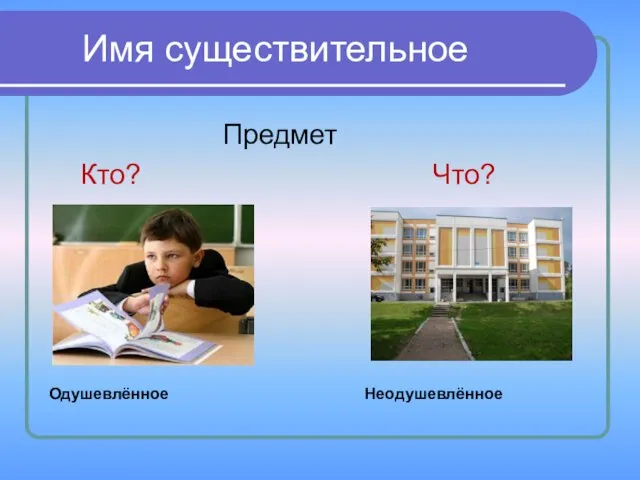 Имя существительное Предмет Кто? Что? Одушевлённое Неодушевлённое