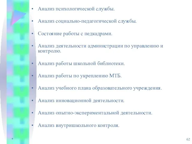 * Анализ психологической службы. Анализ социально-педагогической службы. Состояние работы с педкадрами. Анализ