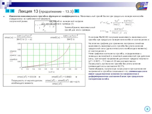 Лекция 13 (продолжение – 13.3) Изменение максимального прогиба в функции от коэффициента