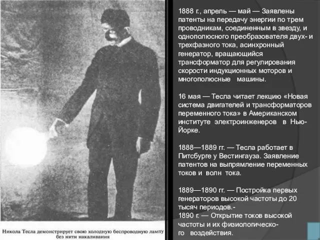 1888 г., апрель — май — Заявлены патенты на передачу энергии по