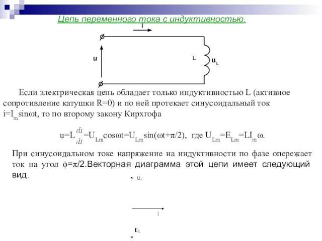 Цепь переменного тока с индуктивностью. Если электрическая цепь обладает только индуктивностью L