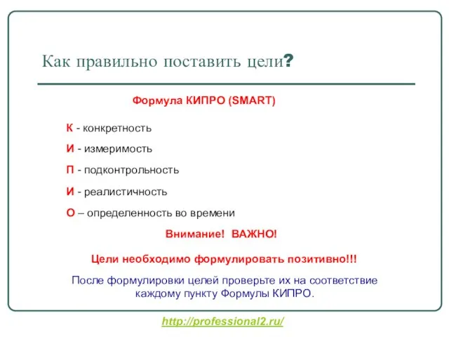 Как правильно поставить цели? Формула КИПРО (SMART) К - конкретность И -