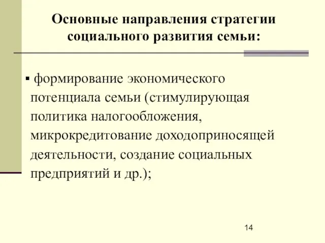 формирование экономического потенциала семьи (стимулирующая политика налогообложения, микрокредитование доходоприносящей деятельности, создание социальных