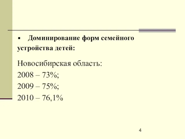 Доминирование форм семейного устройства детей: Новосибирская область: 2008 – 73%; 2009 – 75%; 2010 – 76,1%