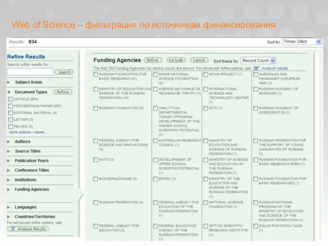 Web of Science – фильтрация по источникам финансирования