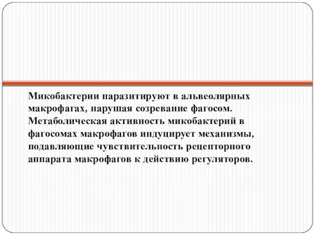 Микобактерии паразитируют в альвеолярных макрофагах, нарушая созревание фагосом. Метаболическая активность микобактерий в