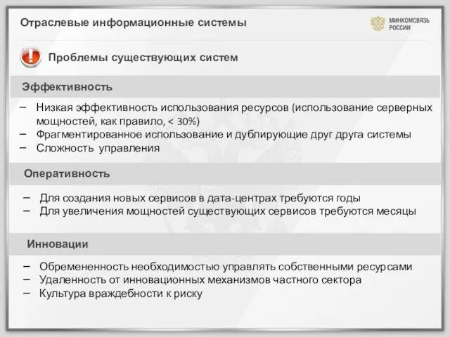 Отраслевые информационные системы Проблемы существующих систем Низкая эффективность использования ресурсов (использование серверных