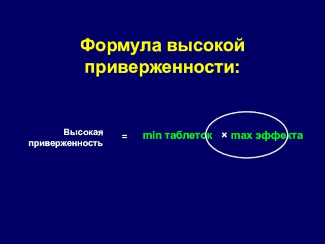 Формула высокой приверженности: min таблеток × max эффекта Высокая приверженность =