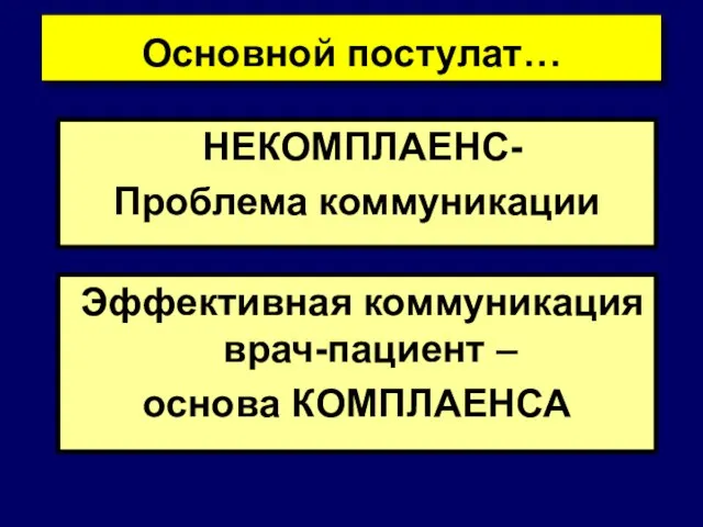 Эффективная коммуникация врач-пациент – основа КОМПЛАЕНСА Основной постулат… НЕКОМПЛАЕНС- Проблема коммуникации