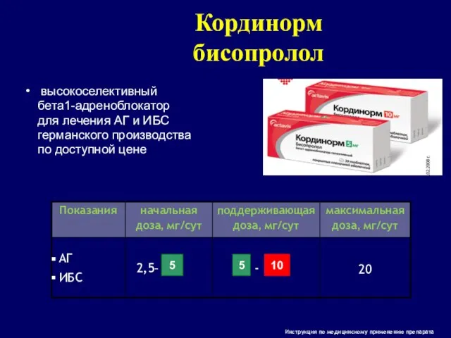 Кординорм бисопролол 5 5 10 высокоселективный бета1-адреноблокатор для лечения АГ и ИБС