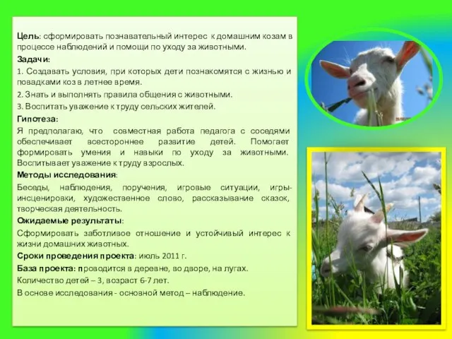Цель: сформировать познавательный интерес к домашним козам в процессе наблюдений и помощи