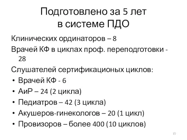 Подготовлено за 5 лет в системе ПДО Клинических ординаторов – 8 Врачей