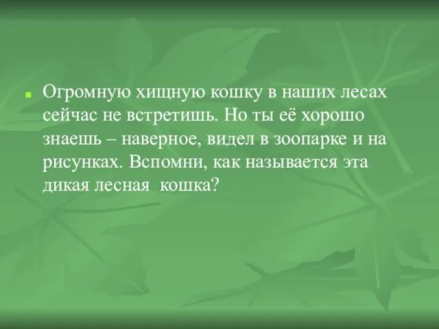 Огромную хищную кошку в наших лесах сейчас не встретишь. Но ты её