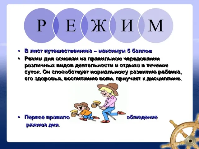 В лист путешественника – максимум 5 баллов Режим дня основан на правильном