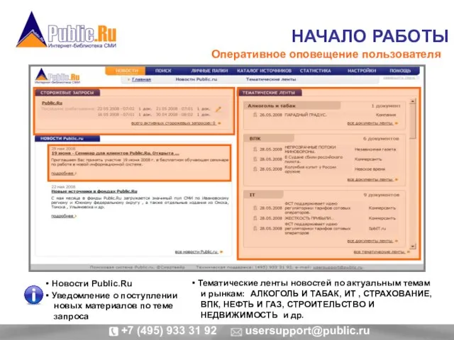 НАЧАЛО РАБОТЫ Оперативное оповещение пользователя Уведомление о поступлении новых материалов по теме