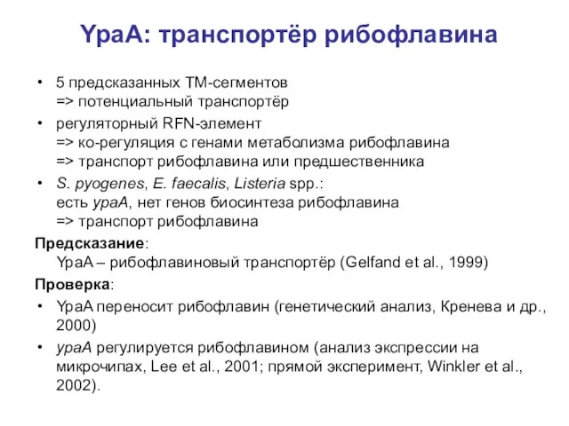 YpaA: транспортёр рибофлавина 5 предсказанных ТМ-сегментов => потенциальный транспортёр регуляторный RFN-элемент =>