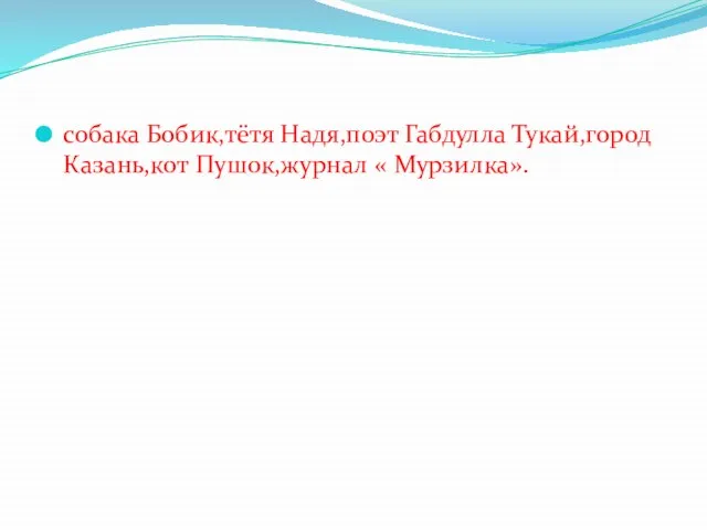 собака Бобик,тётя Надя,поэт Габдулла Тукай,город Казань,кот Пушок,журнал « Мурзилка».