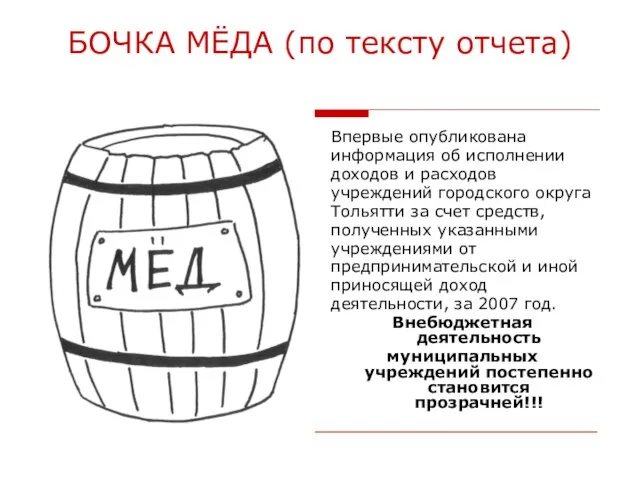 БОЧКА МЁДА (по тексту отчета) Впервые опубликована информация об исполнении доходов и