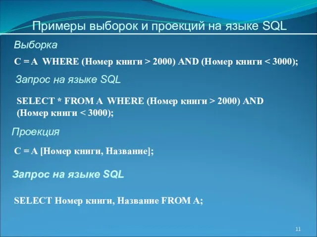 Примеры выборок и проекций на языке SQL C = A WHERE (Номер