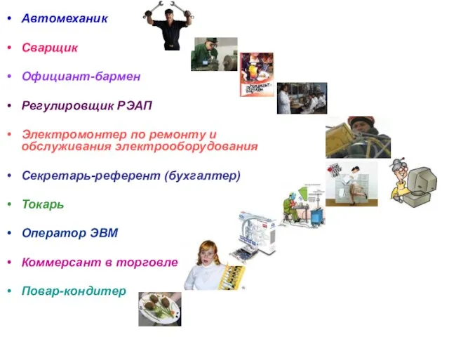 Автомеханик Сварщик Официант-бармен Регулировщик РЭАП Электромонтер по ремонту и обслуживания электрооборудования Секретарь-референт