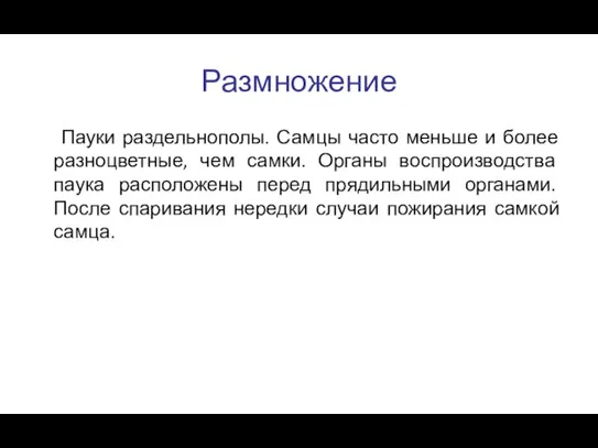 Размножение Пауки раздельнополы. Самцы часто меньше и более разноцветные, чем самки. Органы