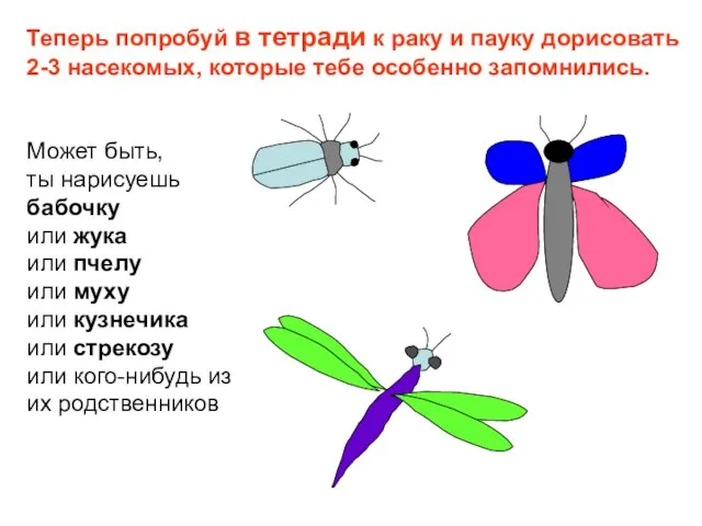 Теперь попробуй в тетради к раку и пауку дорисовать 2-3 насекомых, которые