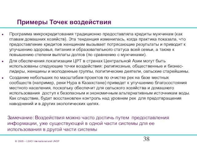 Примеры Точек воздействия © 2005 – LEAD International and UNDP Программа микрокредитования