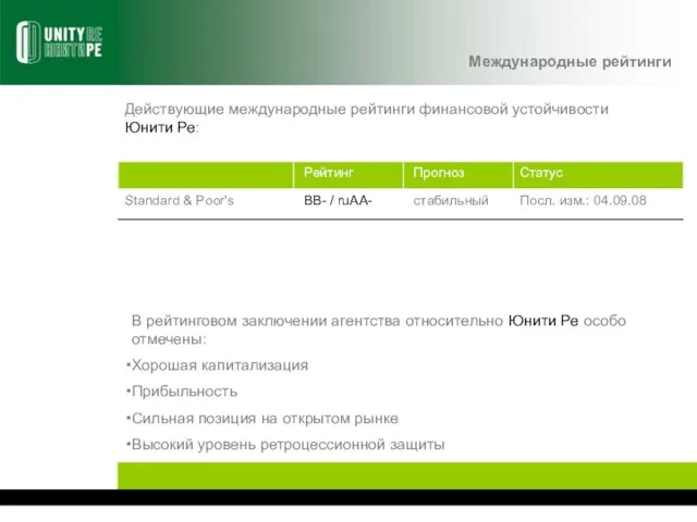 Действующие международные рейтинги финансовой устойчивости Юнити Ре: В рейтинговом заключении агентства относительно