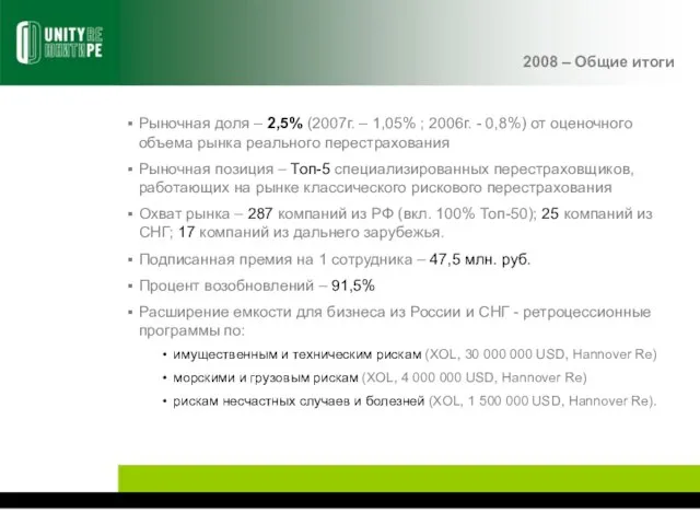 2008 – Общие итоги Рыночная доля – 2,5% (2007г. – 1,05% ;