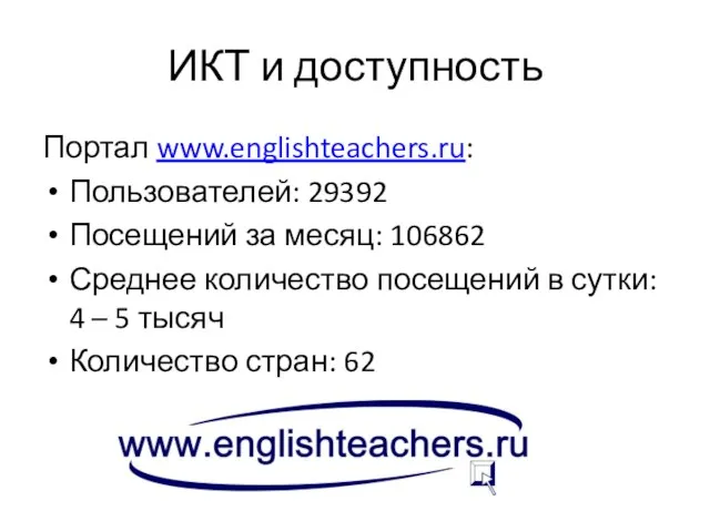 ИКТ и доступность Портал www.englishteachers.ru: Пользователей: 29392 Посещений за месяц: 106862 Среднее