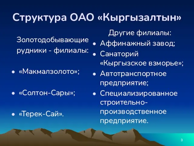 Структура ОАО «Кыргызалтын» Золотодобывающие рудники - филиалы: «Макмалзолото»; «Солтон-Сары»; «Терек-Сай». Другие филиалы: