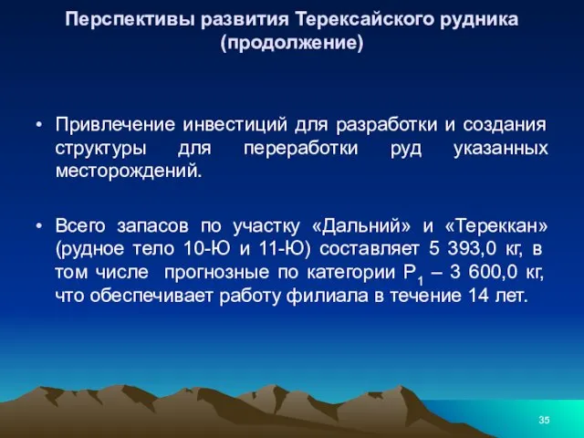 Перспективы развития Терексайского рудника (продолжение) Привлечение инвестиций для разработки и создания структуры