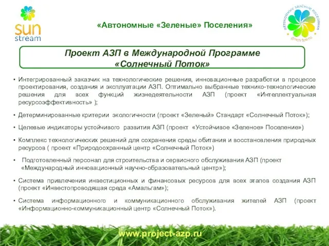 Проект АЗП в Международной Программе «Солнечный Поток» www.project-azp.ru Интегрированный заказчик на технологические