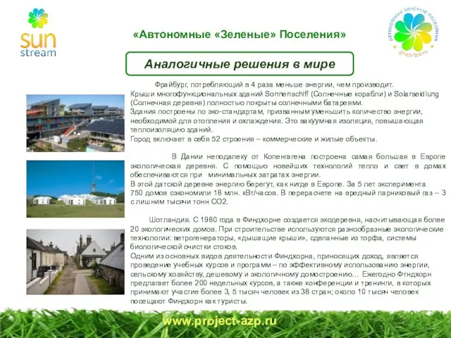 www.project-azp.ru Аналогичные решения в мире «Автономные «Зеленые» Поселения» В ГермФрайбург, потребляющий в