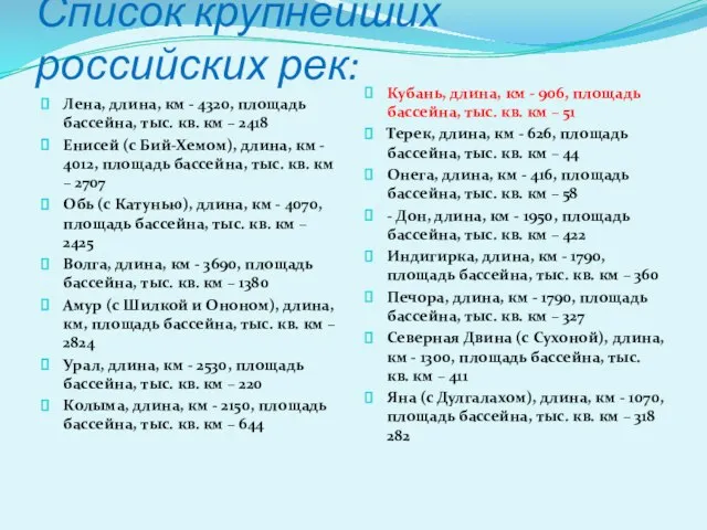 Список крупнейших российских рек: Лена, длина, км - 4320, площадь бассейна, тыс.