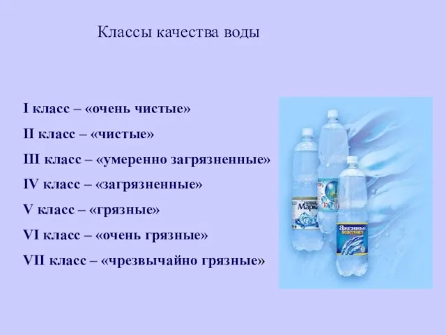 Классы качества воды I класс – «очень чистые» II класс – «чистые»