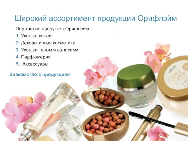 Широкий ассортимент продукции Орифлэйм Портфолио продуктов Орифлэйм 1. Уход за кожей 2.