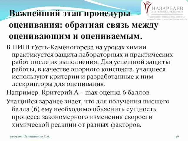 Важнейший этап процедуры оценивания: обратная связь между оценивающим и оцениваемым. В НИШ