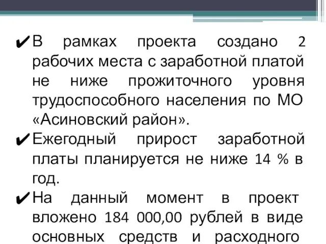 В рамках проекта создано 2 рабочих места с заработной платой не ниже