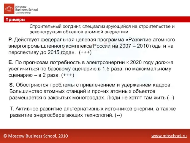 www.mbschool.ru Примеры © Moscow Business School, 2010 P. Действует федеральная целевая программа