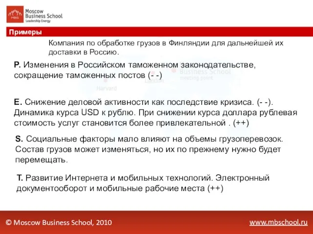 www.mbschool.ru Примеры © Moscow Business School, 2010 P. Изменения в Российском таможенном