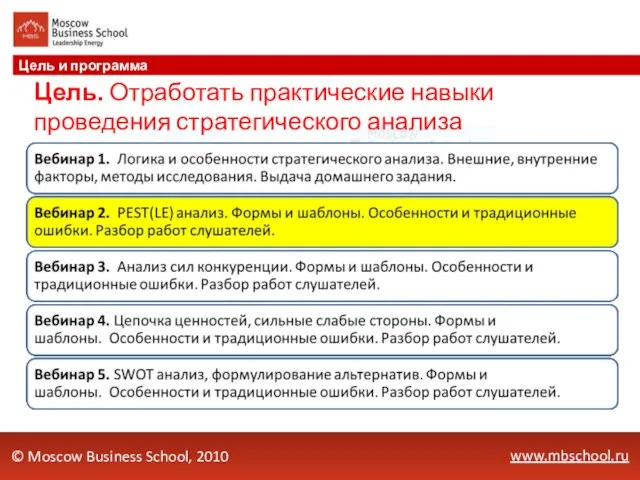 www.mbschool.ru Цель и программа © Moscow Business School, 2010 Цель. Отработать практические навыки проведения стратегического анализа