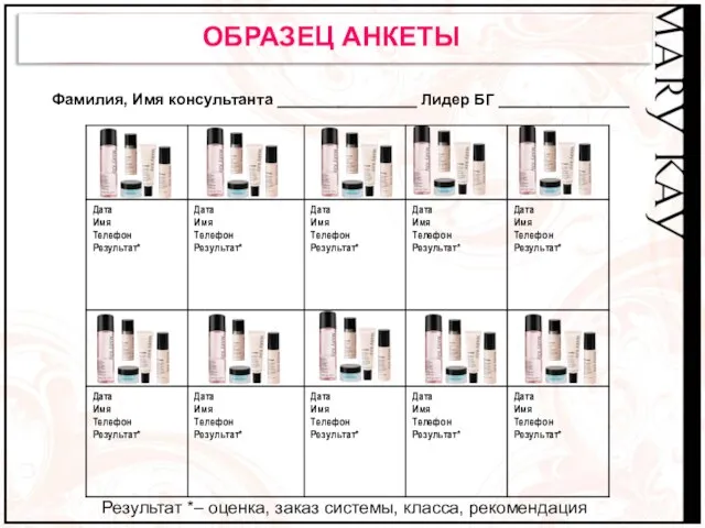 ОБРАЗЕЦ АНКЕТЫ Фамилия, Имя консультанта ________________ Лидер БГ _______________ Результат *– оценка, заказ системы, класса, рекомендация