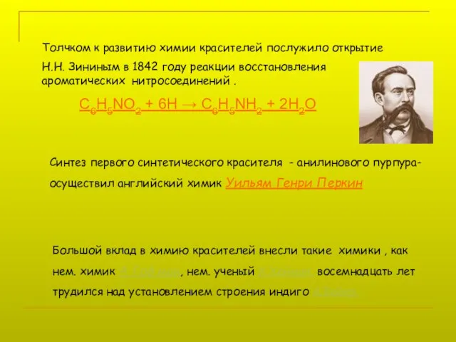 Толчком к развитию химии красителей послужило открытие Н.Н. Зининым в 1842 году