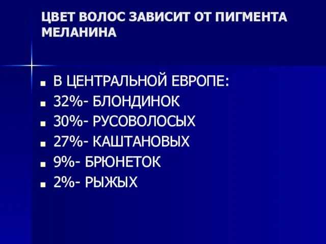 ЦВЕТ ВОЛОС ЗАВИСИТ ОТ ПИГМЕНТА МЕЛАНИНА В ЦЕНТРАЛЬНОЙ ЕВРОПЕ: 32%- БЛОНДИНОК 30%-