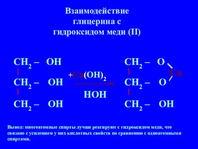 Взаимодействие глицерина с гидроксидом меди (II) Вывод: многоатомные спирты лучше реагируют с