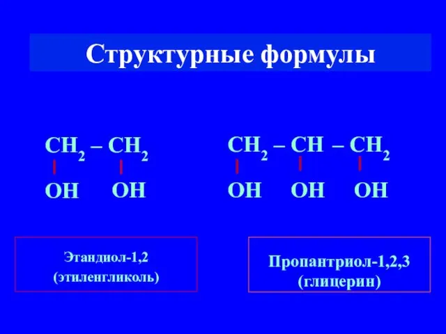 Структурные формулы Этандиол-1,2 (этиленгликоль) Пропантриол-1,2,3 (глицерин) СН2 – СН2 ОН ОН