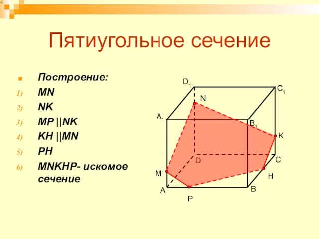 Пятиугольное сечение Построение: MN NK MP ||NK KH ||MN PH MNKHP- искомое