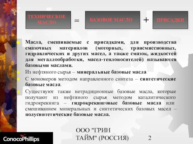 ООО "ГРИН ТАЙМ" (РОССИЯ) Масла, смешиваемые с присадками, для производства смазочных материалов