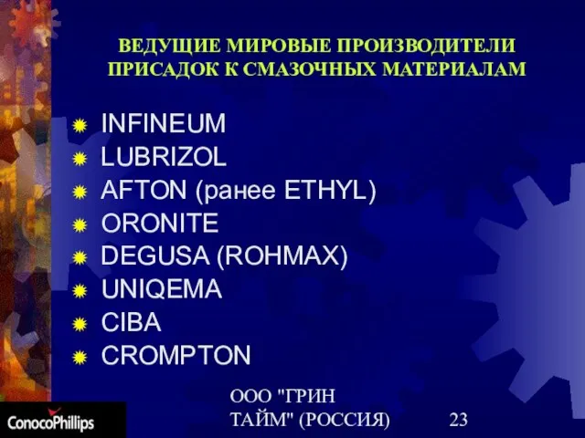 ООО "ГРИН ТАЙМ" (РОССИЯ) ВЕДУЩИЕ МИРОВЫЕ ПРОИЗВОДИТЕЛИ ПРИСАДОК К СМАЗОЧНЫХ МАТЕРИАЛАМ INFINEUM